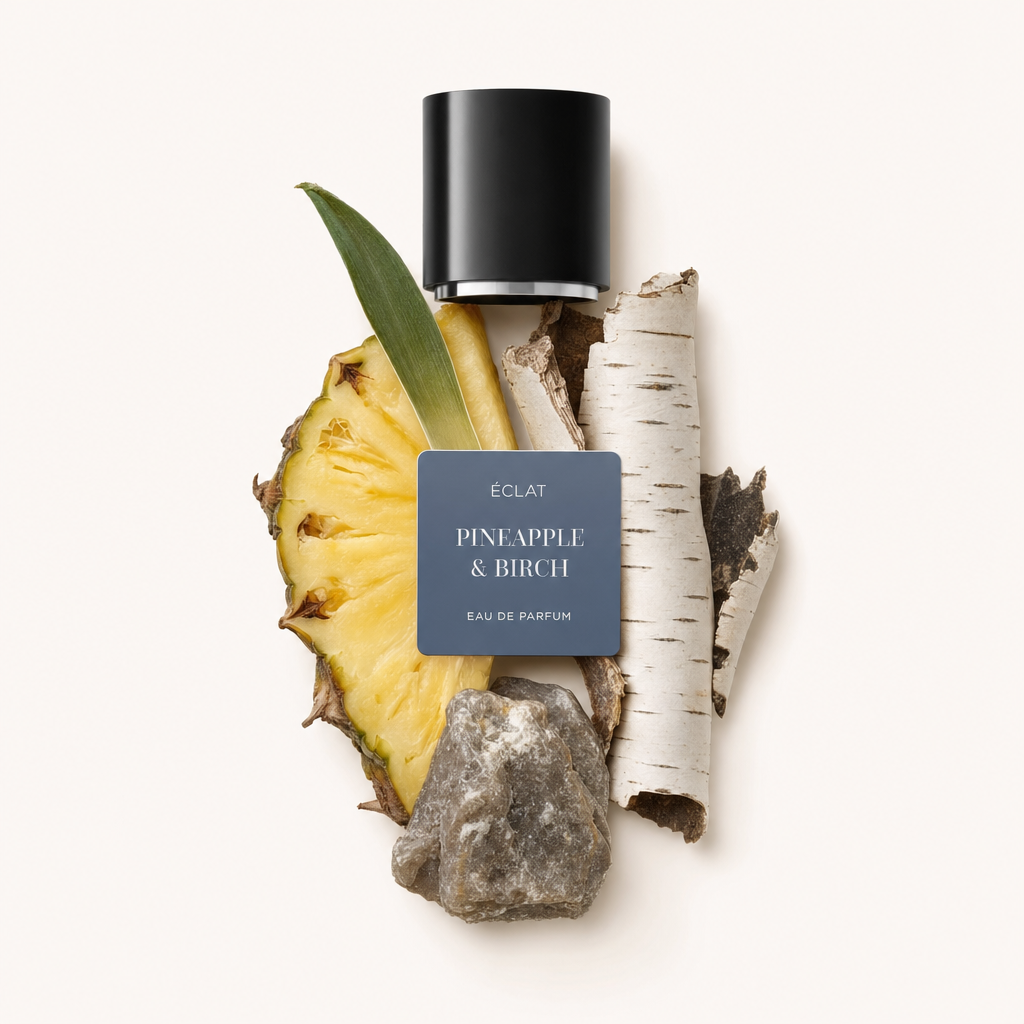 Un arrangiamento di fetta di ananas, corteccia di betulla e una roccia testurizzata circonda un tappo nero con etichetta ÉCLAT Pineapple & Birch.