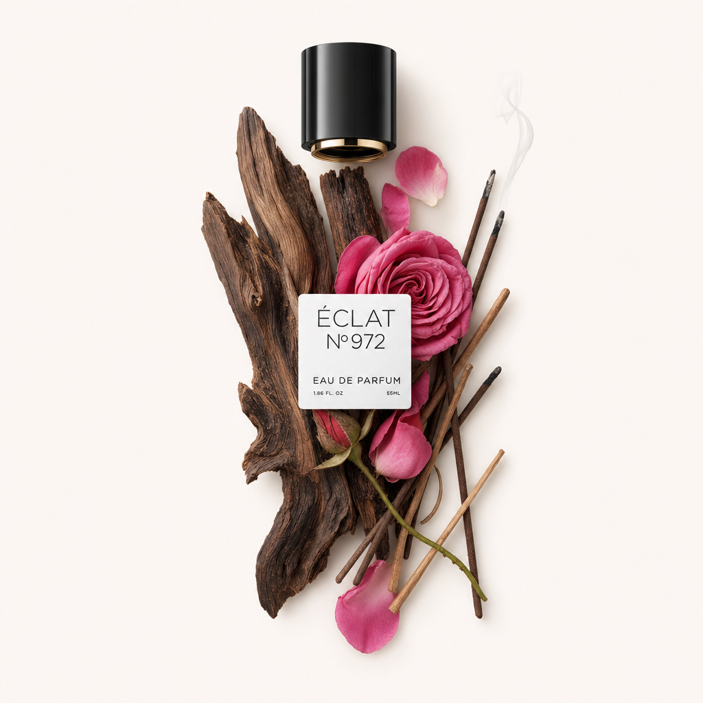 Un arrangiamento artistico con un pezzo di legno di oud, petali di rosa rosa e bastoncini di incenso, con un tappo nero che mostra l'etichetta ÉCLAT Resinous Oud.