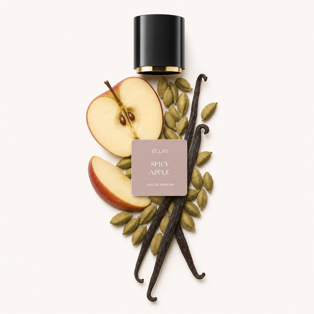 Una composizione di fette di mela, baccelli di cardamomo e bacche di vaniglia, con un cappuccio nero con etichetta ÉCLAT Spicy Apple.