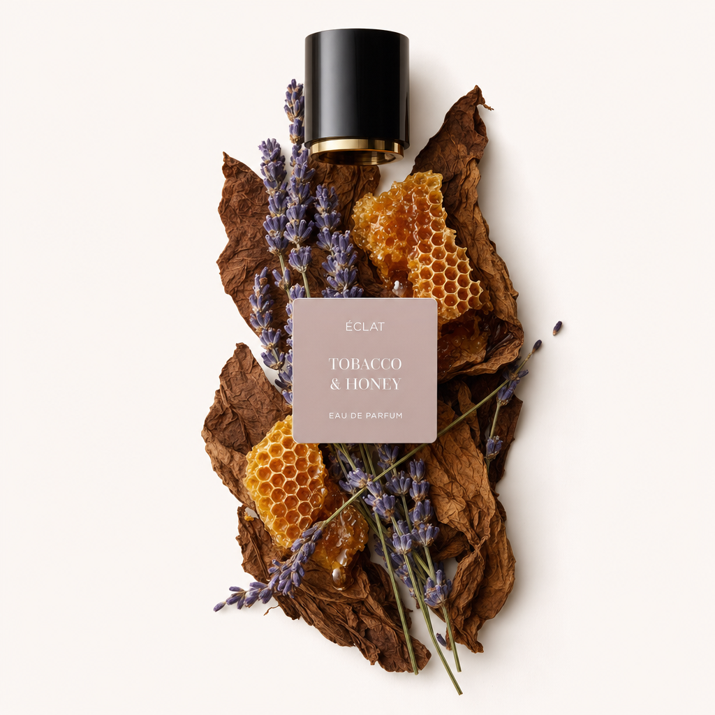 Un arrangiamento di foglie di tabacco essiccate, favo dorato e rametti di lavanda circonda un tappo nero con accento dorato etichettato ÉCLAT Tobacco & Honey.