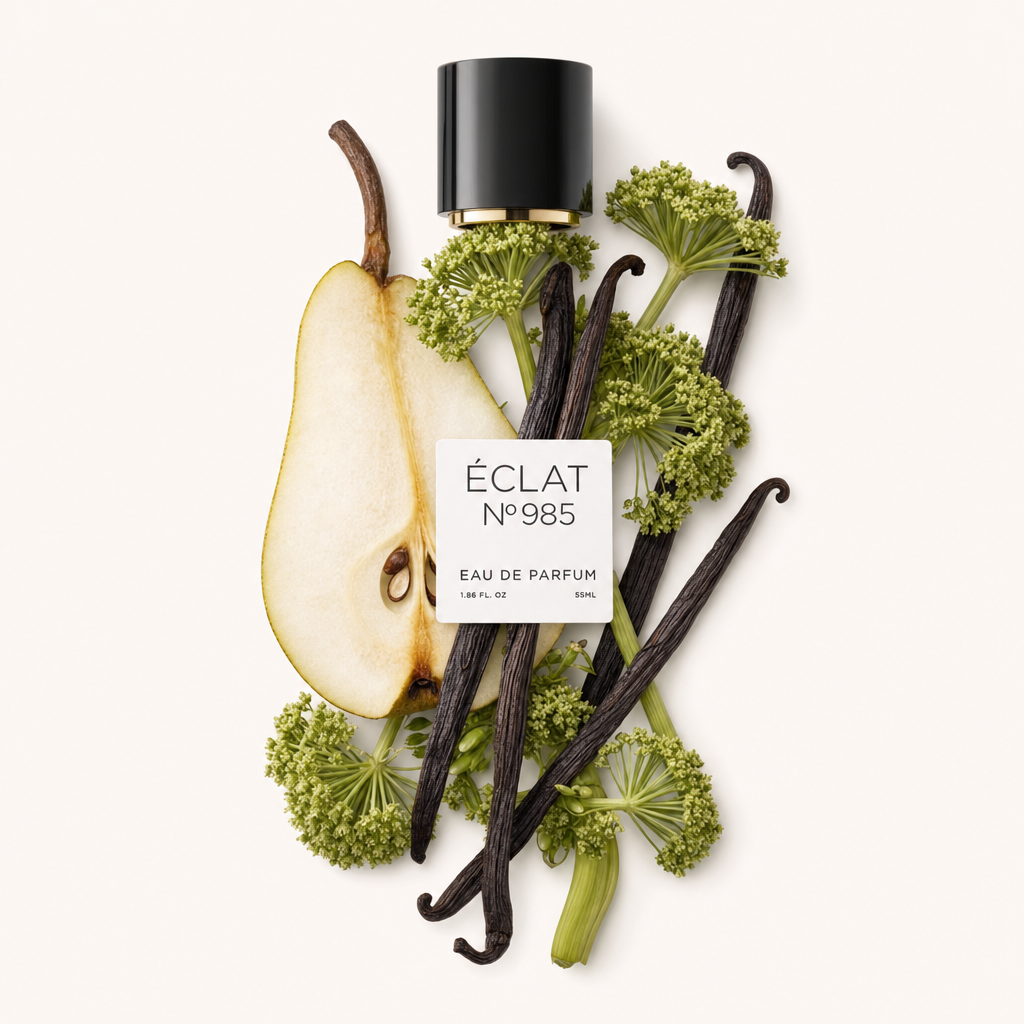Un arrangiamento di fiori di angelica, baccelli di vaniglia e una fetta di pera, con un tappo nero etichettato ÉCLAT Vanilla & Angelica.