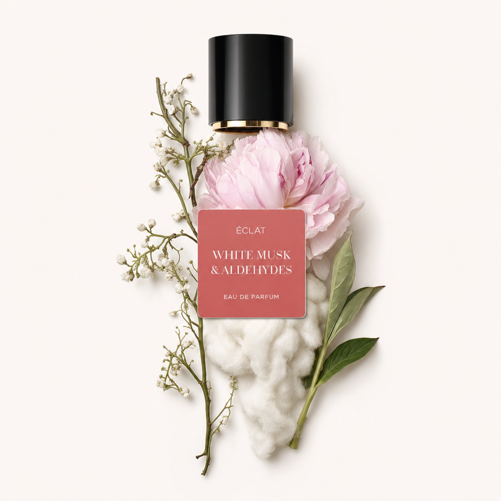 Un sereno arrangiamento con una peonia rosa, soffici nuvole di cotone e delicati fiori bianchi sotto un tappo nero etichettato ÉCLAT White Musk & Aldehydes.