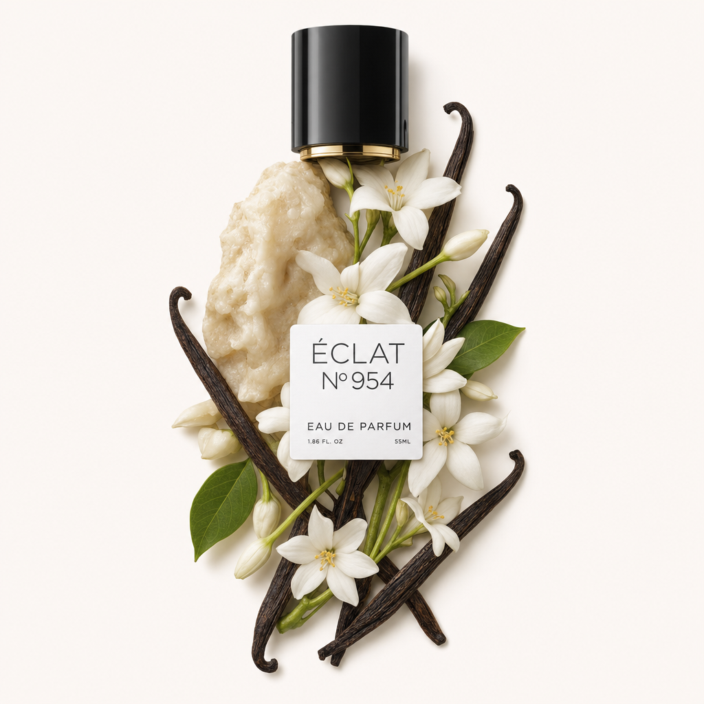 Una composizione di baccelli di vaniglia, fiori bianchi e resina beige chiaro intorno a un tappo nero di ÉCLAT - Warm Musk.