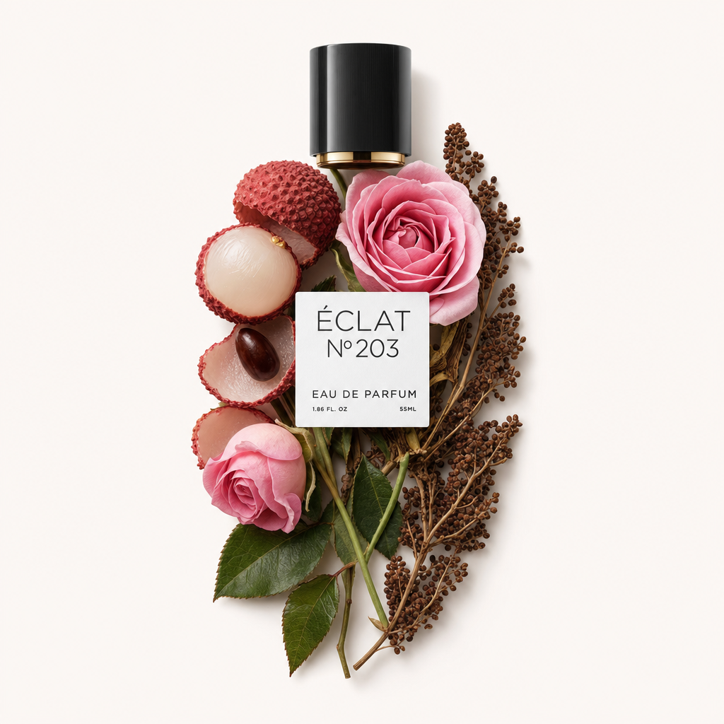 Un arrangiamento di litchi, rose rosa e semi marroni circonda il tappo nero originale ÉCLAT con etichetta.