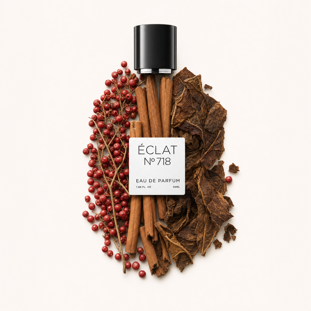 Una natura morta accuratamente disposta con gli ingredienti del profumo ÉCLAT Warm Spices, con bastoncini di cannella, grani di pepe rosso e foglie di tabacco con il tappo nero originale e etichetta quadrata.