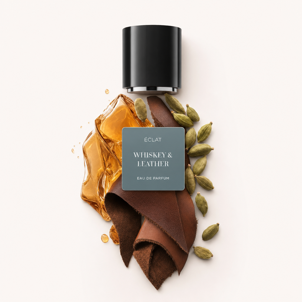 Una composizione di gocce di whiskey, strisce di pelle e baccelli di cardamomo circonda un tappo nero con l'etichetta ÉCLAT Whiskey & Leather.