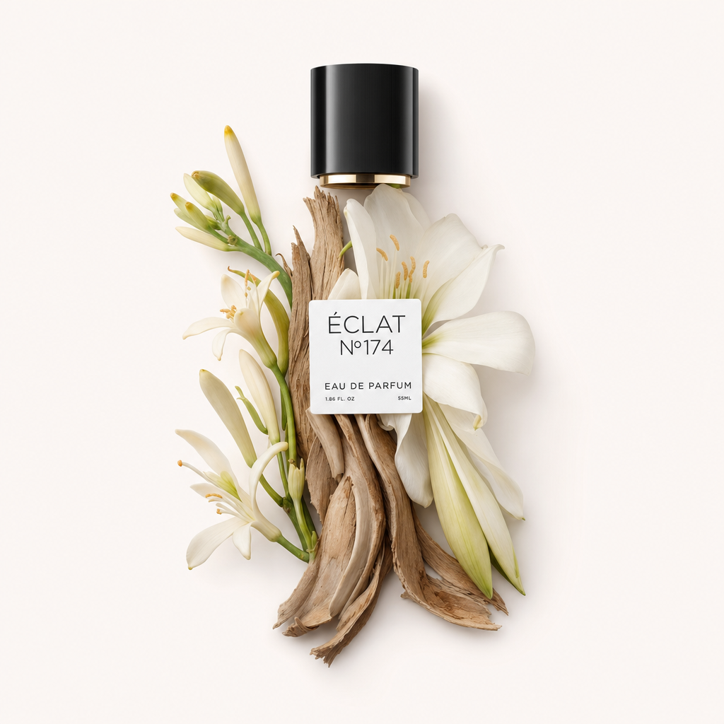 Una composizione di fiori di amarillide bianco e giglio d'acqua con pezzi di legno alla deriva circonda un tappo nero con etichetta per ÉCLAT White Amaryllis & Water Lily.