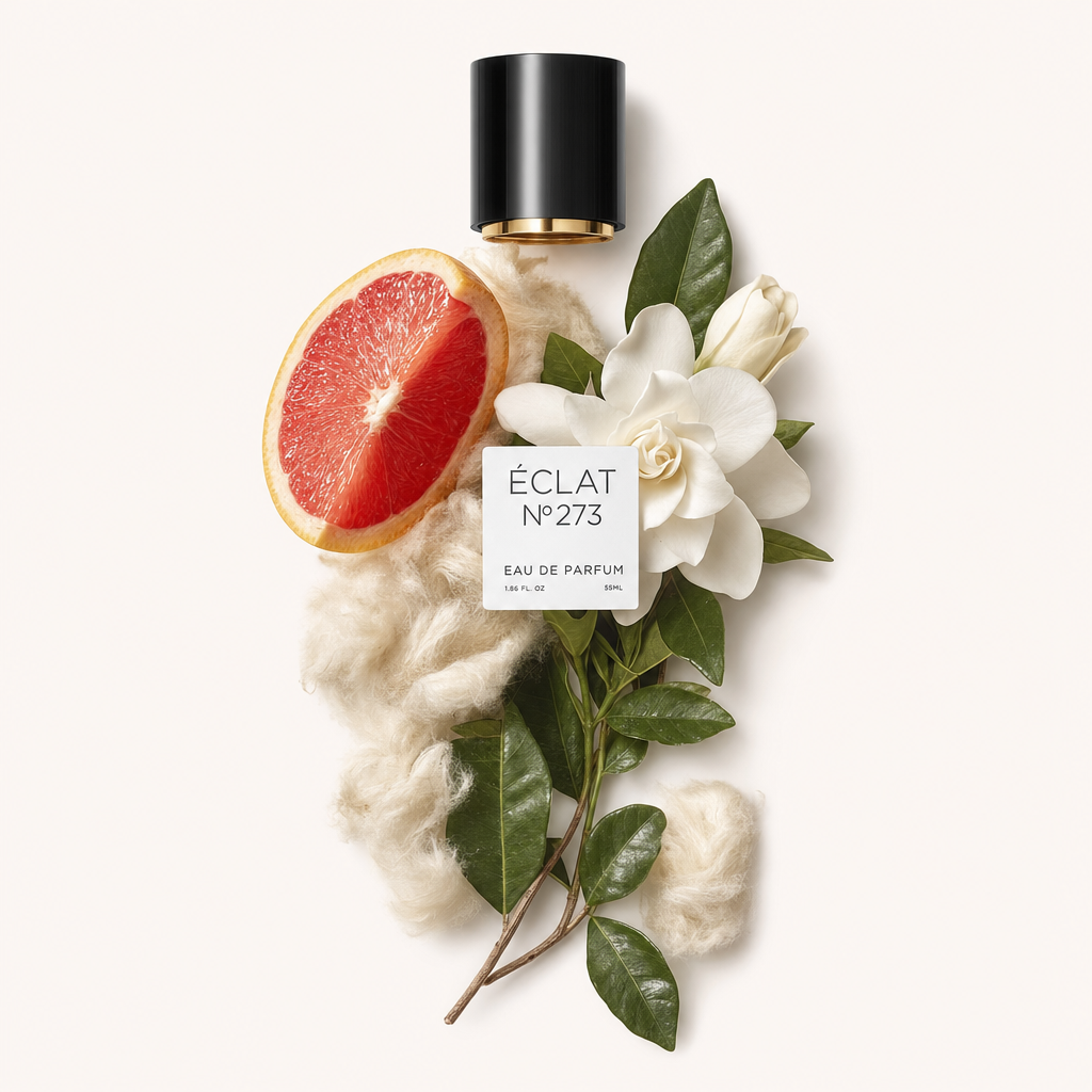 Un arrangiamento di metà pompelmo, fiori bianchi e foglie verdi circonda un tappo nero con accento dorato, etichettato ÉCLAT White Blossoms & Grapefruit.