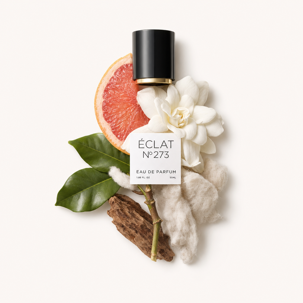 Un arrangiamento di fetta di pompelmo, fiori bianchi, foglie verdi e corteccia, con un tappo nero che presenta un'etichetta per ÉCLAT White Blossoms & Grapefruit.