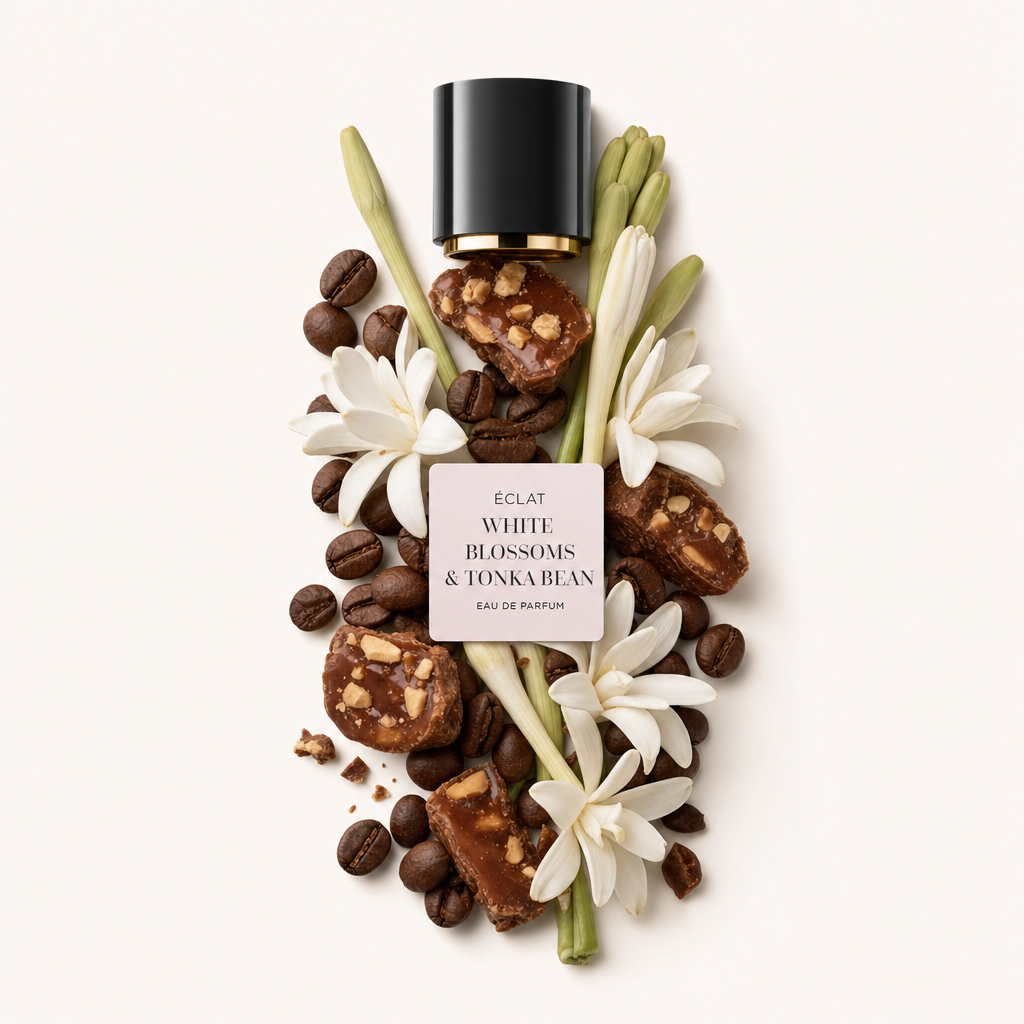 Un arrangiamento di fiori bianchi, chicchi di caffè e dolci color caramello circonda un tappo nero con etichetta ÉCLAT White Blossoms & Tonka Bean.