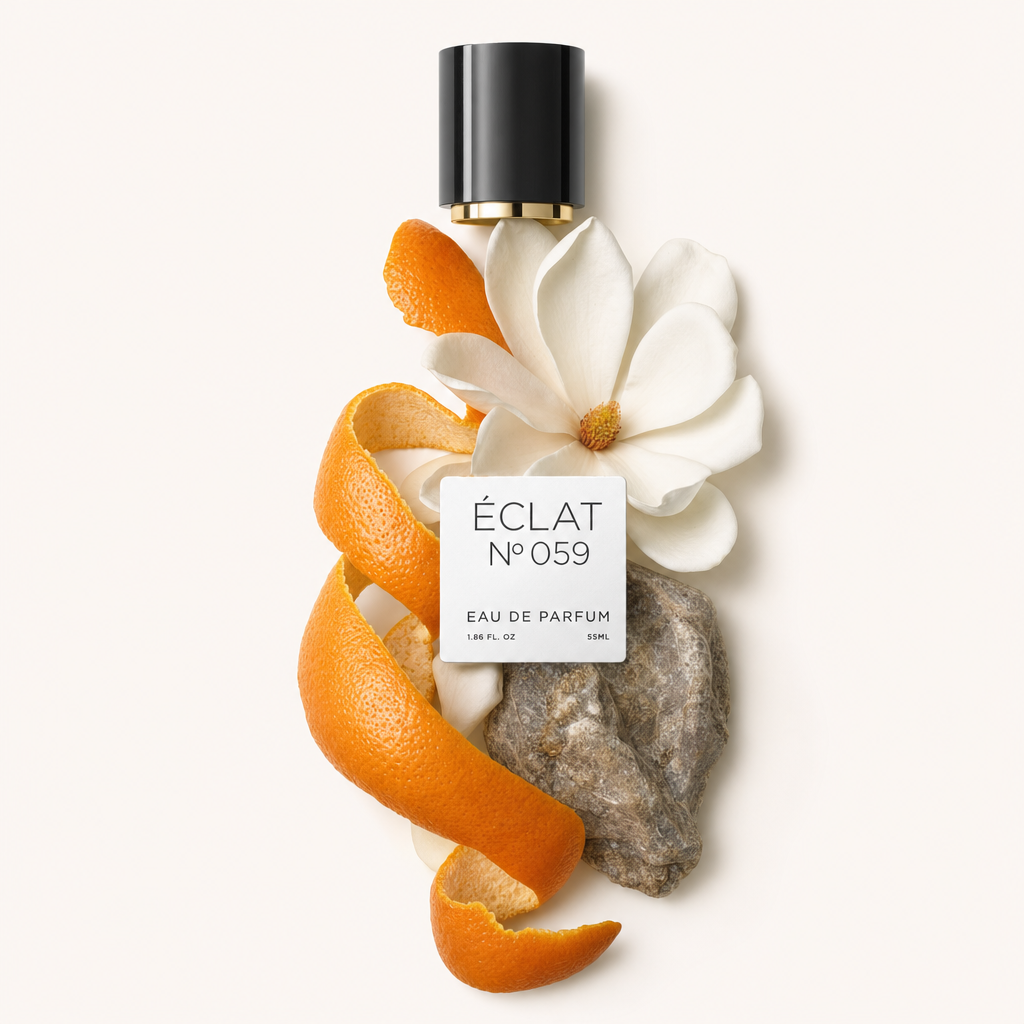 Un arrangiamento di petali di narciso bianco, spirali di scorza d'arancia e una pietra grezza attorno a un tappo nero con etichetta ÉCLAT VIP - White Daffodil.