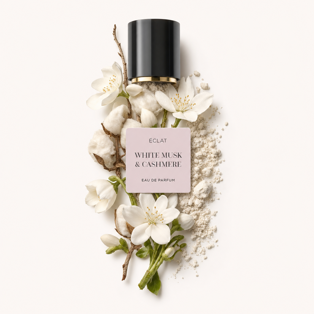 Un arrangiamento di delicati fiori bianchi, capsule di cotone e polvere fine circonda l'etichetta ÉCLAT White Musk & Cashmere sotto un cappuccio nero con accento dorato.