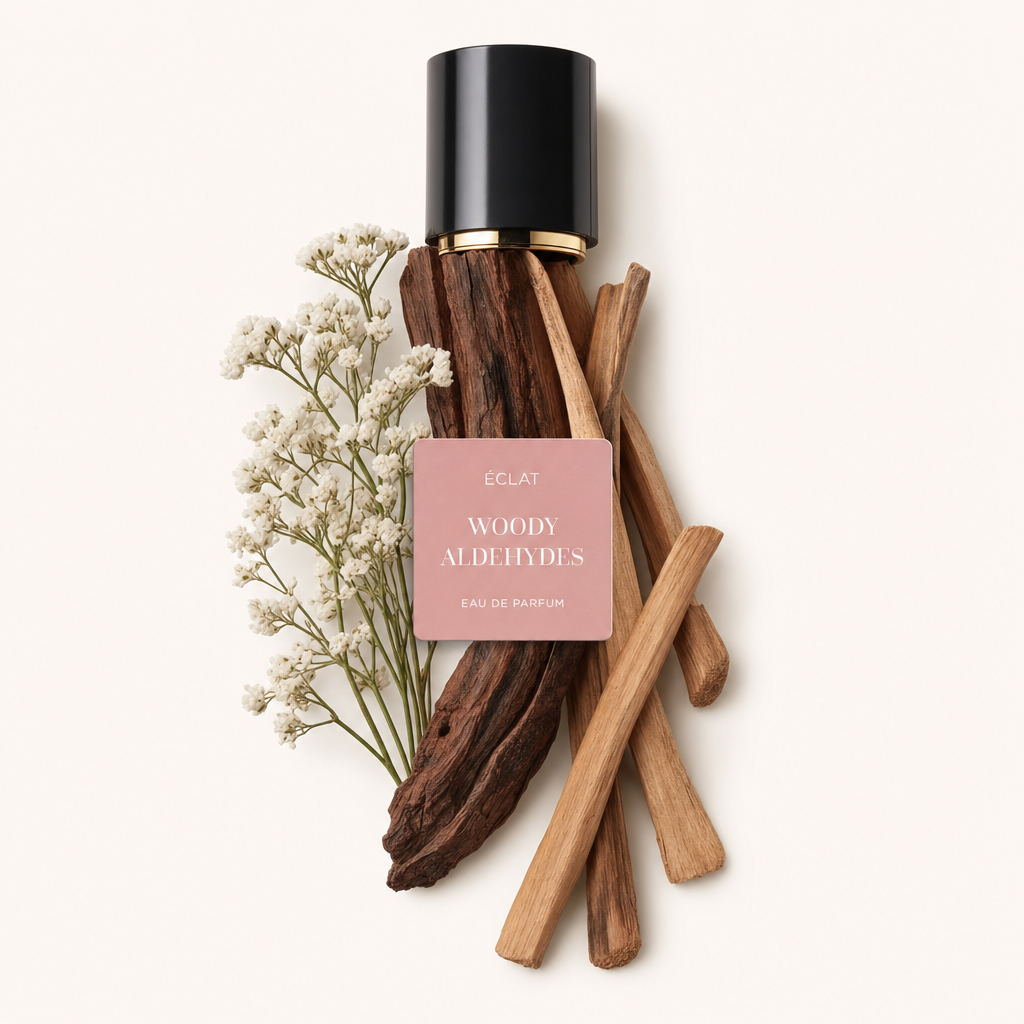 Un arrangiamento di fiori bianchi e bastoncini di legno, con l'etichetta ÉCLAT Woody Aldehydes su un tappo nero con bordo dorato.