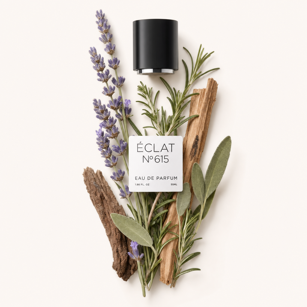 Un mix di erbe legnose con lavanda e salvia circonda un tappo nero con etichetta ÉCLAT.