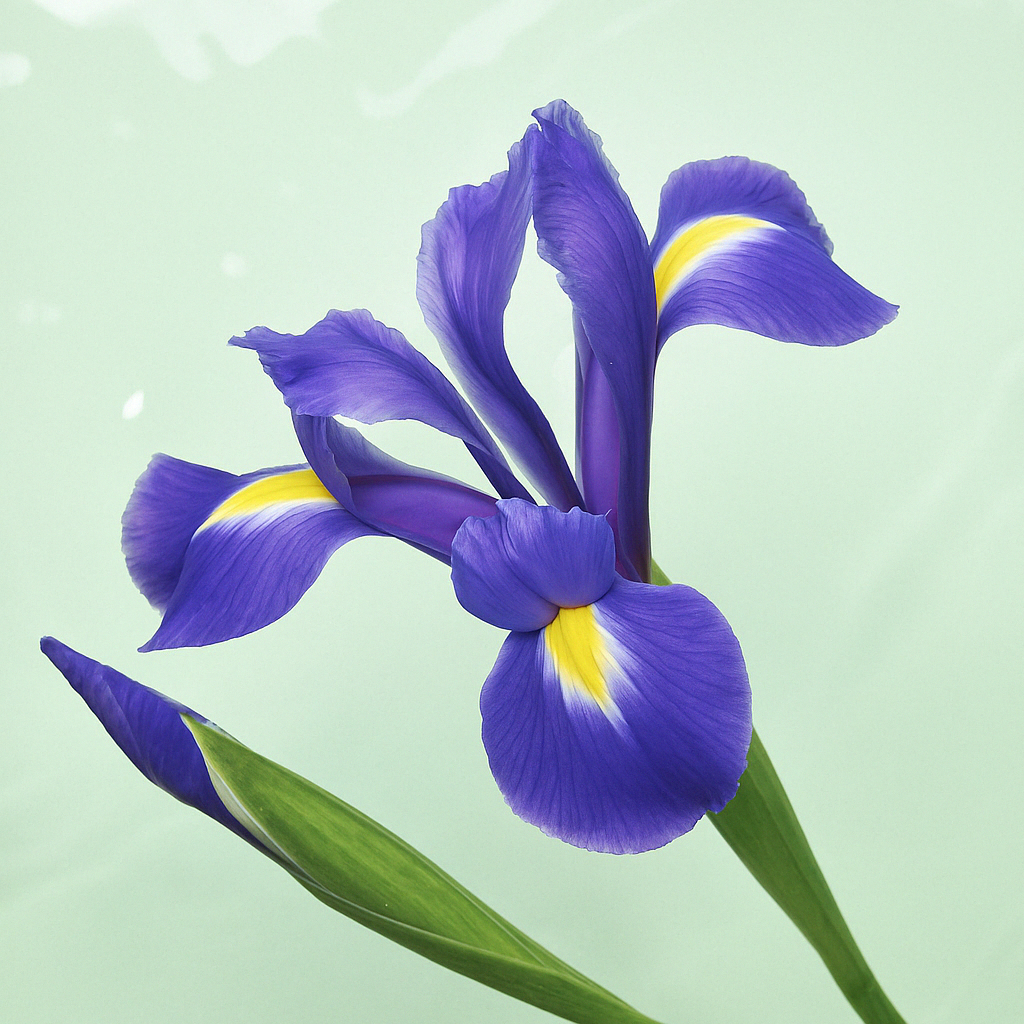 Primo piano di un fiore di iris viola con foglie verdi su uno sfondo verde tenue.