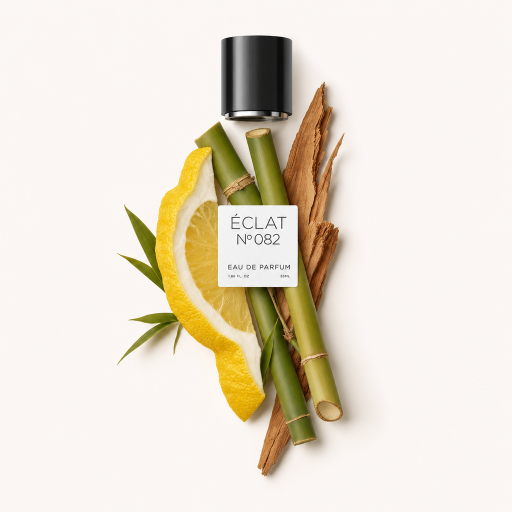 Una composizione di fetta di limone, bambù verde e trucioli di legno circonda un tappo nero con etichetta ÉCLAT, mettendo in risalto gli ingredienti del profumo.