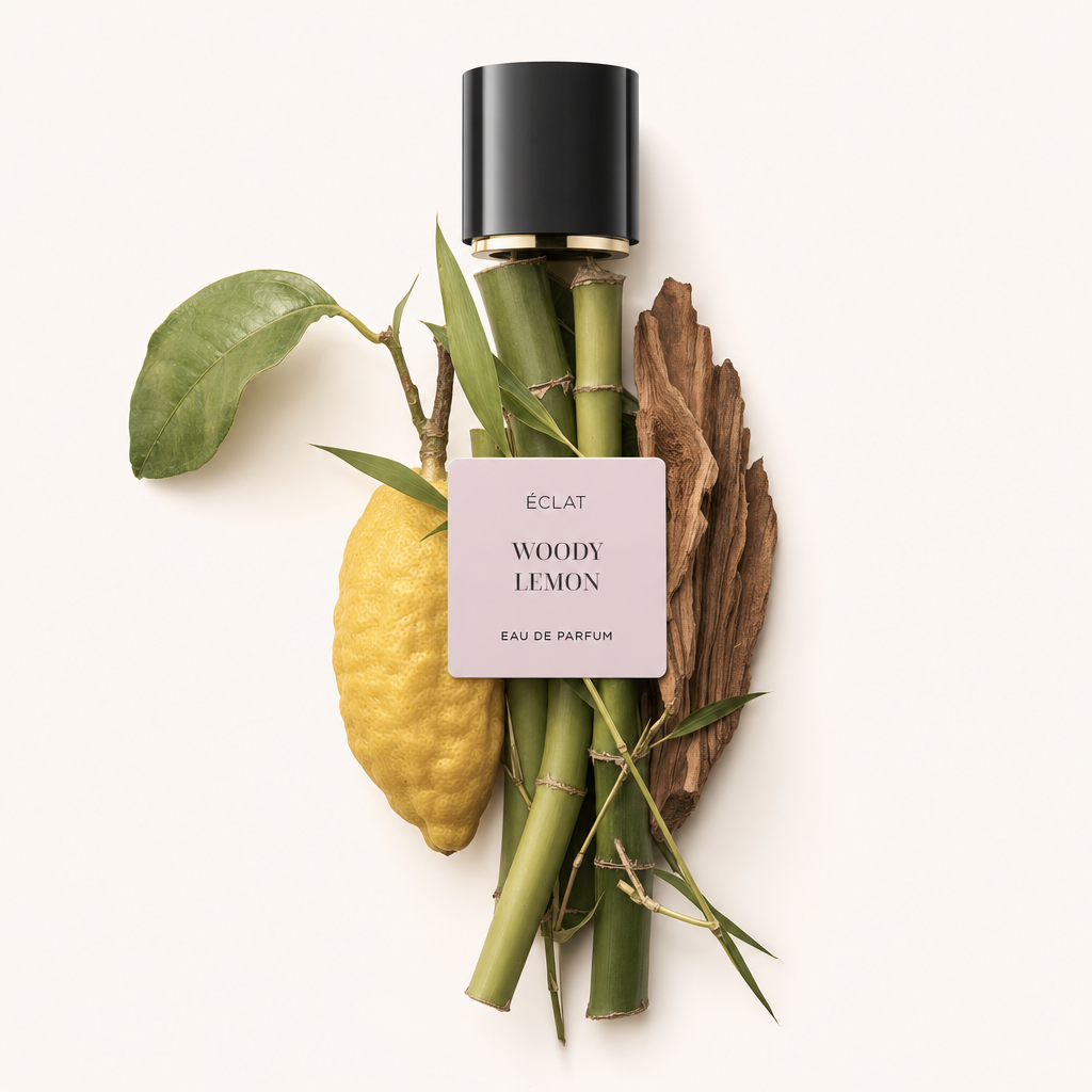 Un arrangiamento di bambù, un limone con foglie e pezzi di legno che circondano il tappo nero originale con etichetta di ÉCLAT Woody Lemon.
