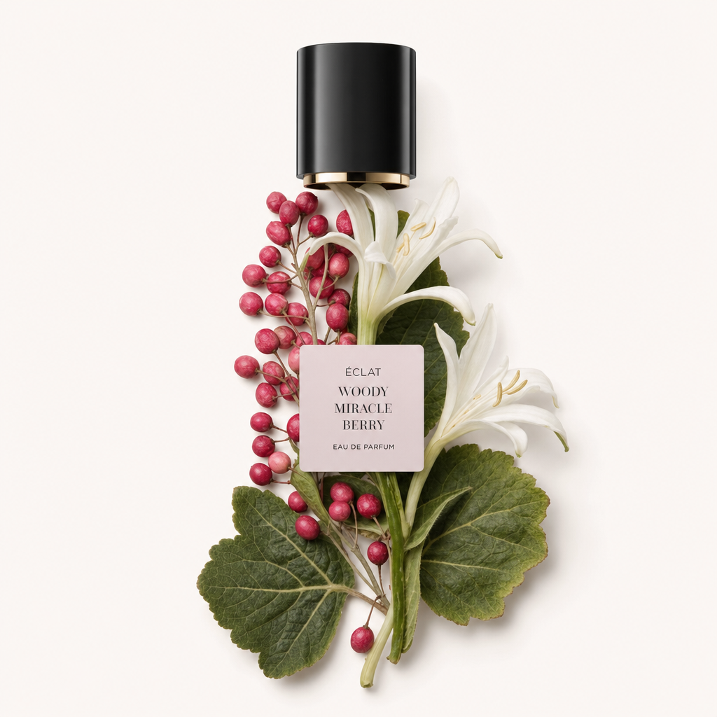 Un arrangiamento artistico di bacche rosa, gigli bianchi e foglie verdi circonda il tappo nero originale con etichetta di ÉCLAT Woody Miracle Berry.
