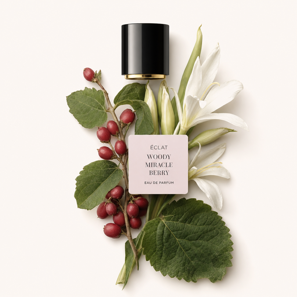 Un arrangiamento di foglie verdi, bacche rosse e fiori bianchi con un tappo nero di ÉCLAT Woody Miracle Berry.