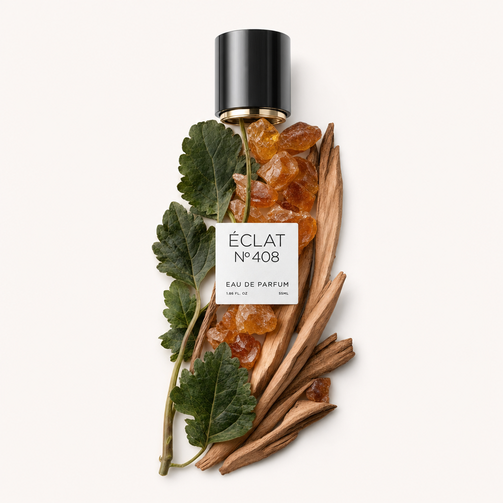 Un elegante arrangiamento di foglie verdi e pietre d'ambra con bastoncini di legno circonda il tappo nero originale con l'etichetta ÉCLAT Woody Patchouli.