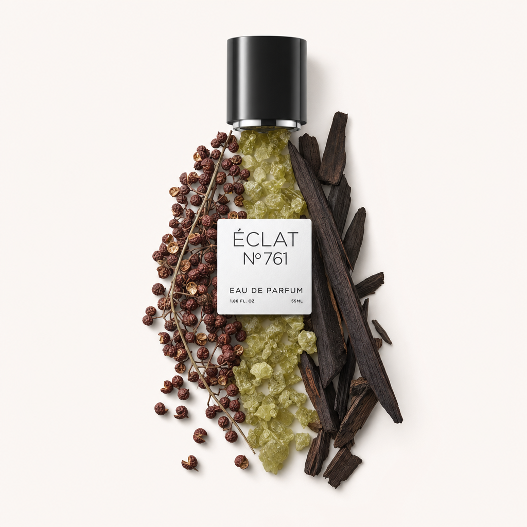 Un arrangiamento di ingredienti di pepe legnoso con tappo nero e etichetta di ÉCLAT. Pepe in grani, cristalli di resina e legno scuro sono disposti con eleganza.