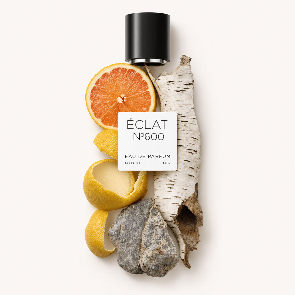 Una composizione artistica di fetta di pompelmo, scorza di limone, corteccia di betulla e pietre, con un tappo nero con etichetta ÉCLAT Woody Pineapple.