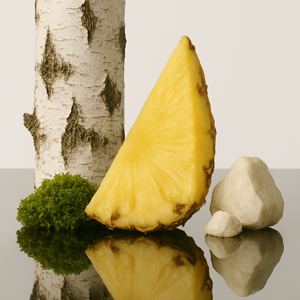 Una fetta di ananas accanto a una corteccia d'albero con muschio verde e pietre bianche su una superficie riflettente.