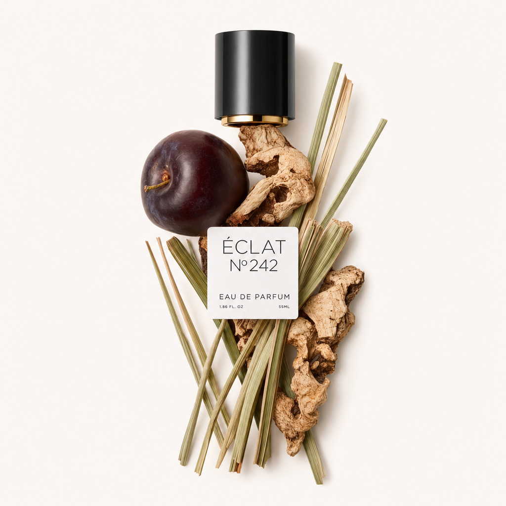 Un insieme di pezzi di legno essiccato, steli di citronella e una prugna matura mostra le note di ÉCLAT Woody Plum. Sopra si trova un tappo nero con etichetta.