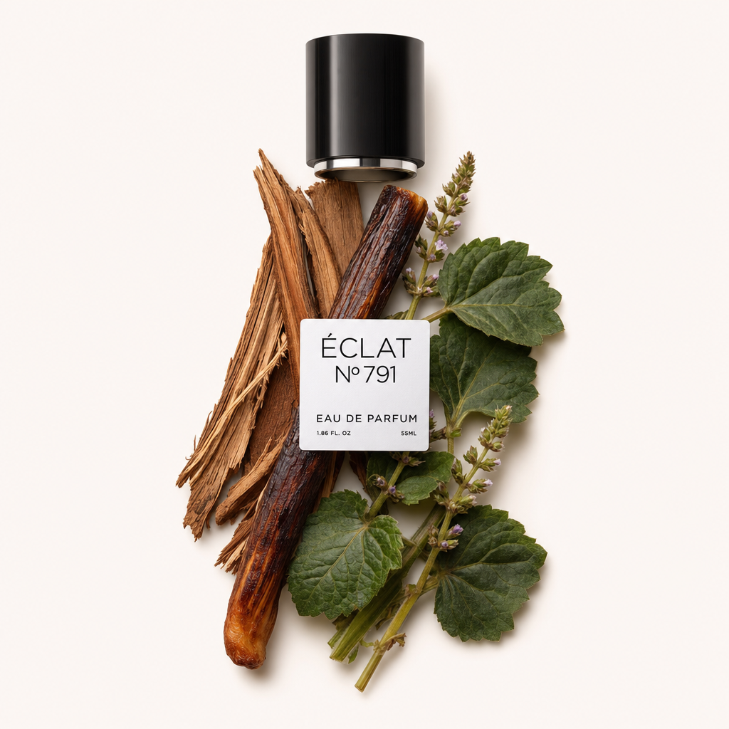 Una composizione di ingredienti profumati con schegge di legno, una bacca di vaniglia e foglie verdi, con un tappo nero e etichetta per ÉCLAT VIP - Woody Rum.