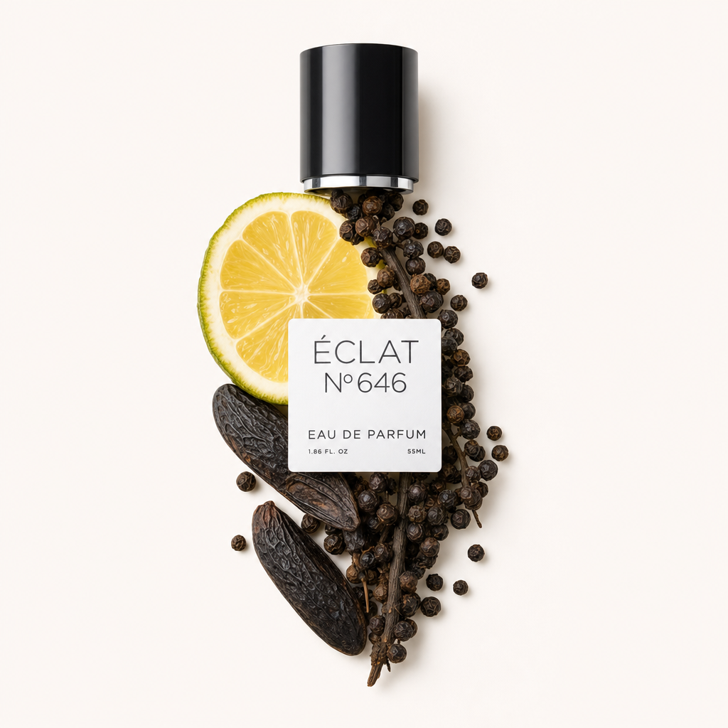 Una composizione di fetta di limone, fave tonka e grani di pepe circonda il tappo nero con un’etichetta di ÉCLAT Woody Tonka Bean.