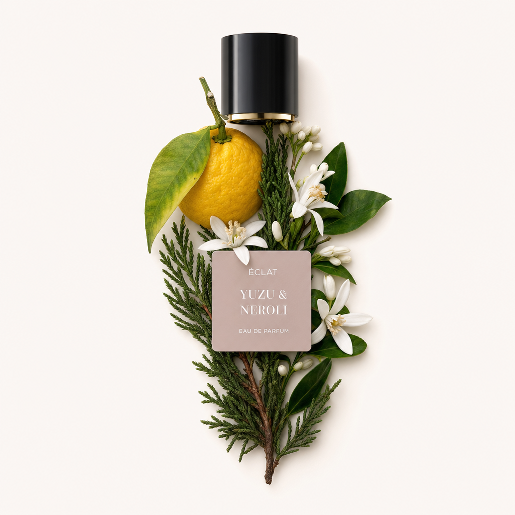 Una natura morta attentamente arrangiata degli ingredienti di ÉCLAT Yuzu & Neroli con un frutto di yuzu intero, fiori di neroli bianchi, foglie verdi e un tappo nero con un'etichetta elegante.