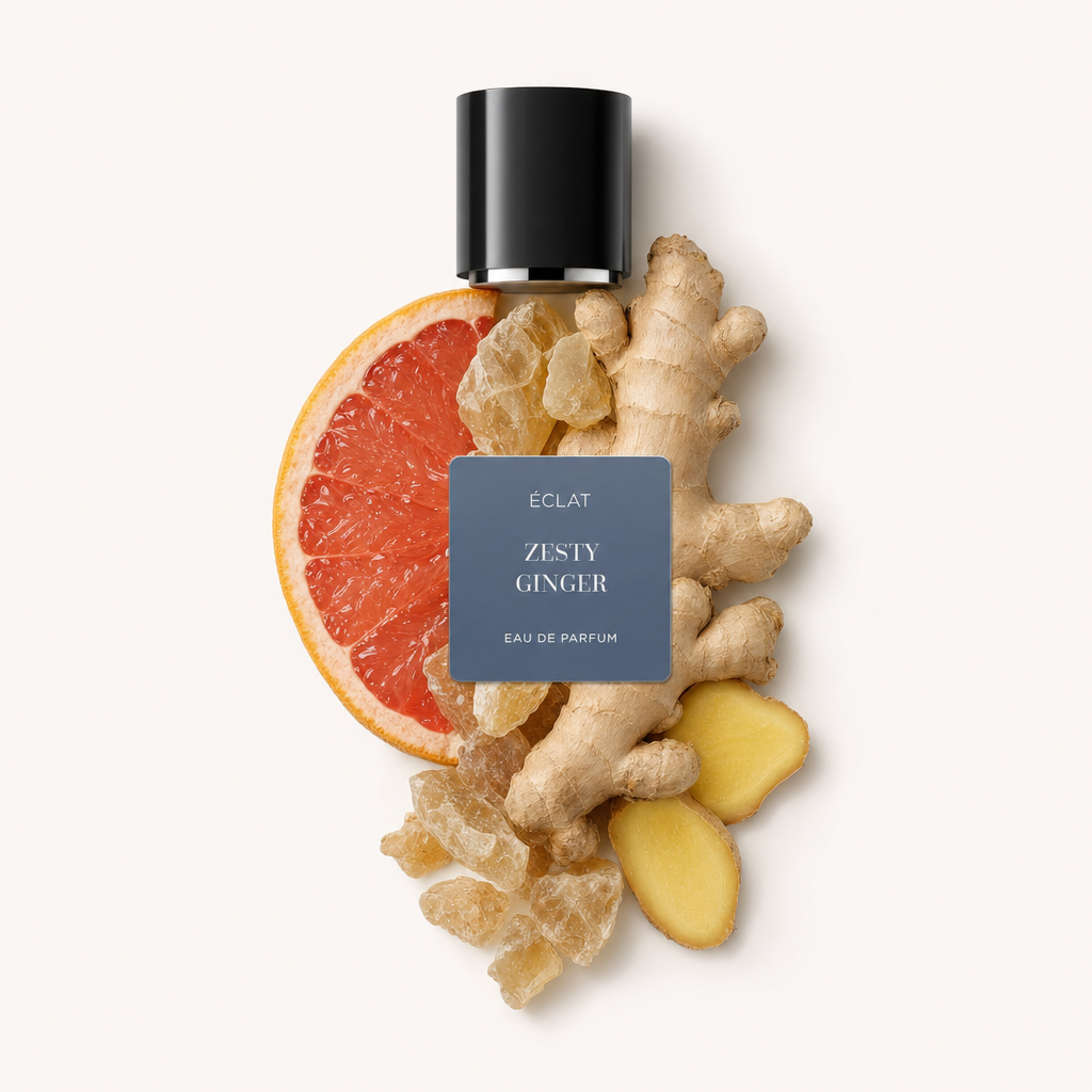 Un arrangiamento di pompelmo, fette di zenzero e cristalli di zucchero con un tappo nero in cima, etichettato ÉCLAT Zesty Ginger.