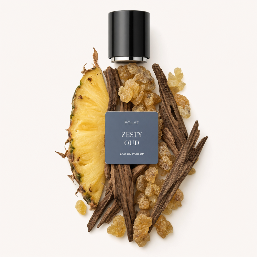 Disposizione di fetta di ananas, pezzi di legno di oud e resina, con etichetta ÉCLAT Zesty Oud su un tappo nero in alto.